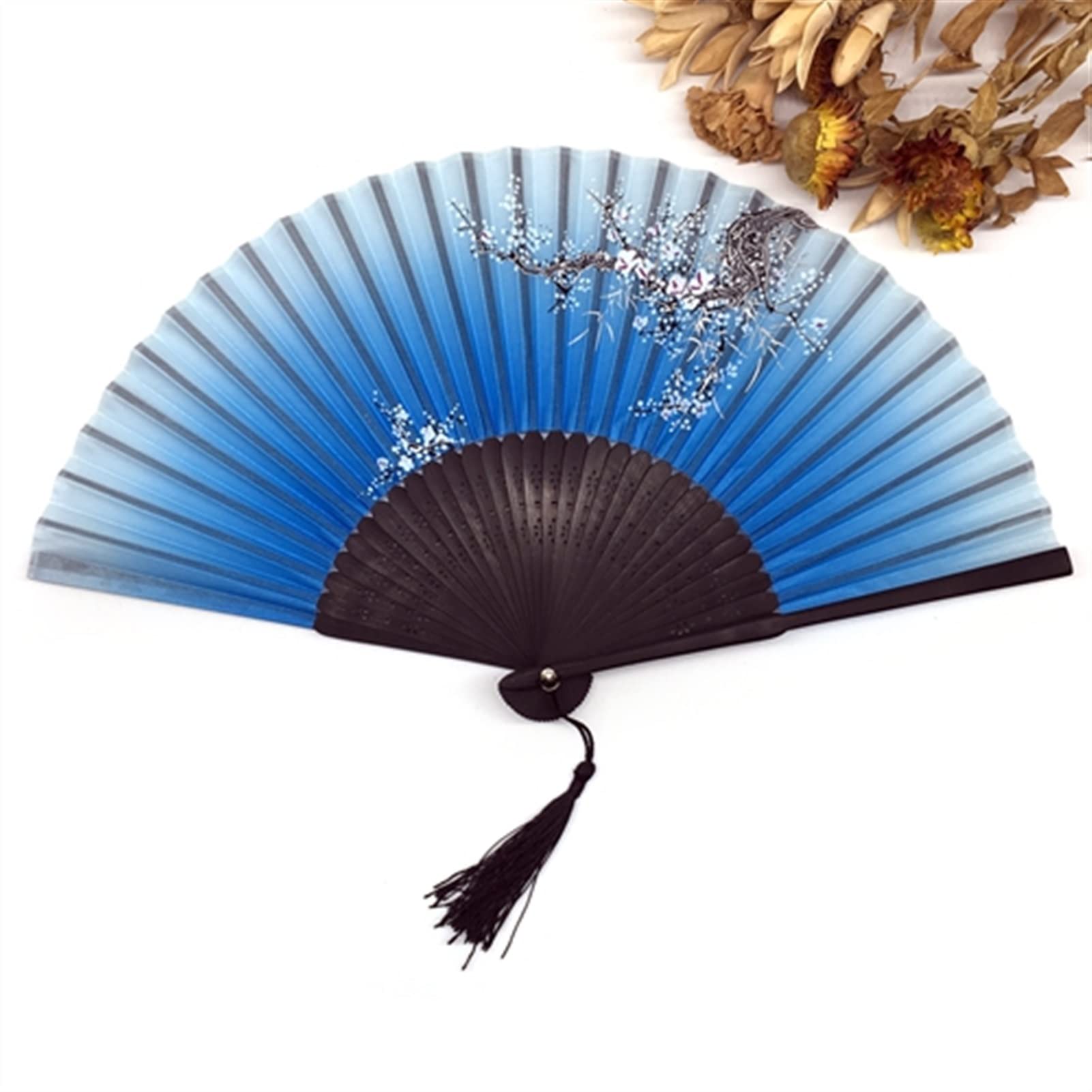 NZPOST 1pcs Vintage Chinese Spun Silk Flower Printing Hand Fan Folding Hollow Carved Hand Fan Event & Party Supplies for Dance,Party Props Decoration (F)