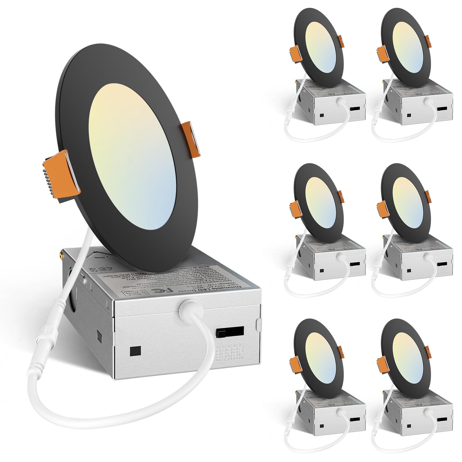 Amico 6 Pack 4 Inch 5CCT Ultra-Thin LED Recessed Ceiling Light with Junction Box, 2700K/3000K/3500K/4000K/5000K Selectable, 11W Eqv 70W, Dimmable Canless Downlight, 800LM High Brightness,Black