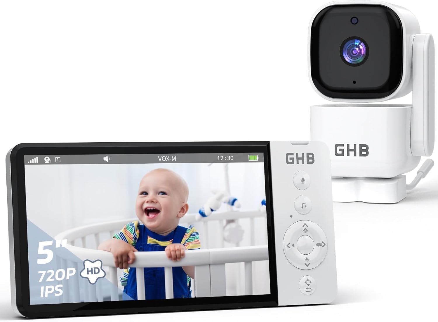 GHB Camara Vigilancia Bebe 5" 720P HD IPS Rotación de 350°, Batería de 5000mAh Vigilabebes con Camara Visión Nocturna Comunicación Bidireccional Escucha Bebes VOX 4xZoom