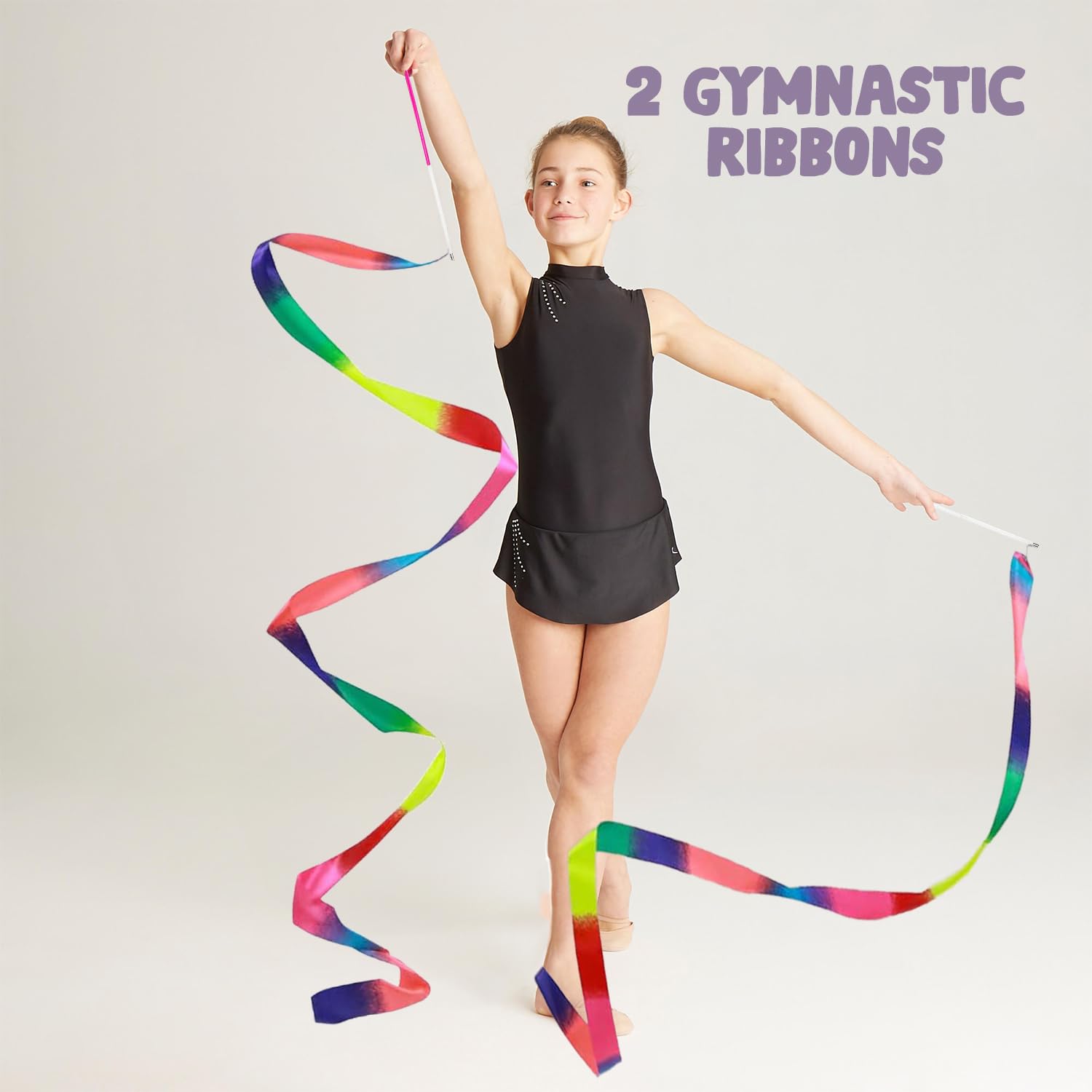 2 Multicolored Gymnastics Ribbons for Children & Adults, Ribbons - Multicolor - Image 2
