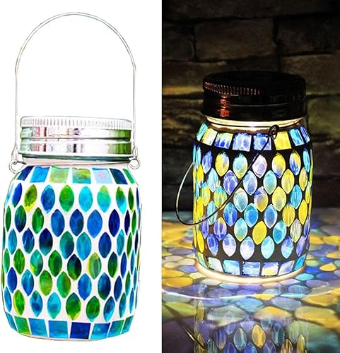 Enfudid Faroles solares de mosaico para colgar al aire libre, lámparas de mesa solares de metal, luces de mosaico decorativas de vidrio, luces
