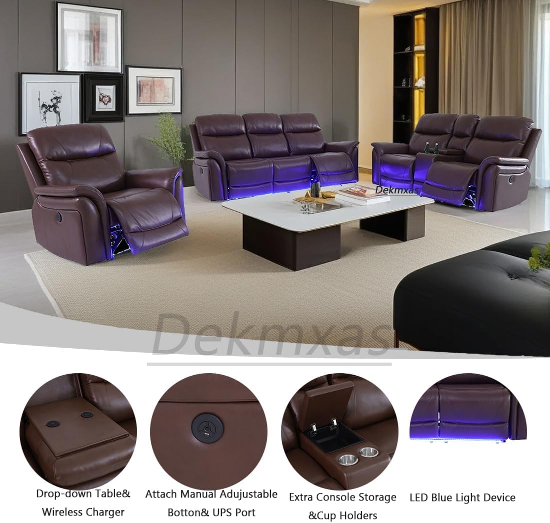 Recliner Couch Set 3PCS Breathing Leather Living Room Sofa Set Reclining Sofa Set with Storage Console/LED Blue Light for Apartment/Home/Office (Reddish Brown, 3PCS Set)