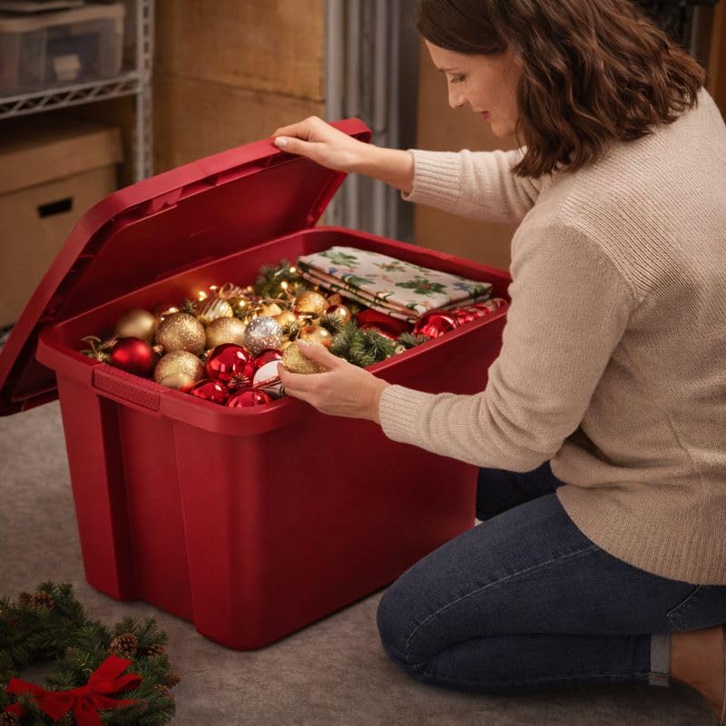 Image of 18 Gallon Plastic Storage Tote with Secure Snap-On Lid, Stackable Storage Bin for Linens, Seasonal Decor, Keepsakes & Home Organization (Red)