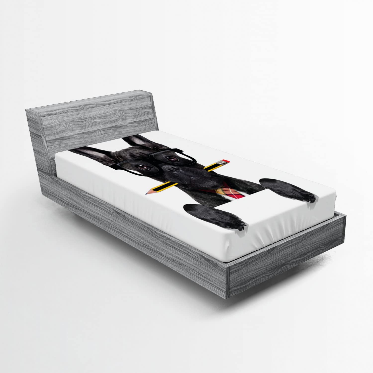 Ambesonne Bulldog 2 Pack Fitted Sheet, Businessman Dog Glasses, Bed Cover All-Round Elastic Deep Pockets 2 Pieces, Package Contains 2 Twin Size Fitted Sheets, Charcoal White