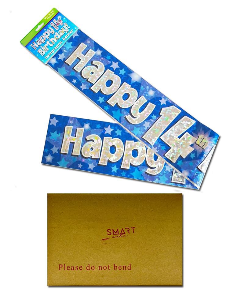 9ft Banner Happy 14th Birthday Blue Holographic Age 14