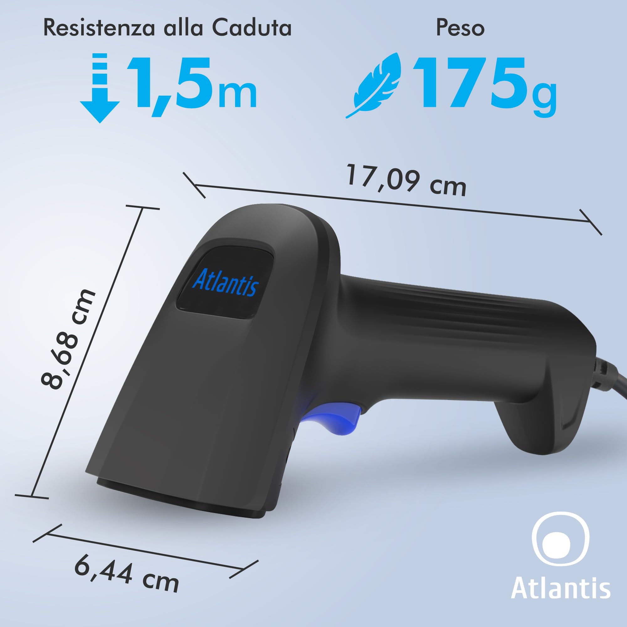 Atlantis A08-LD190-2D Lettore Codici a Barre Barcode reader scanner 1D e 2D Ottico (640x480), 60fps, legge da smartphone e display, codice farmaceutico, collegamento USB, guida rapida.