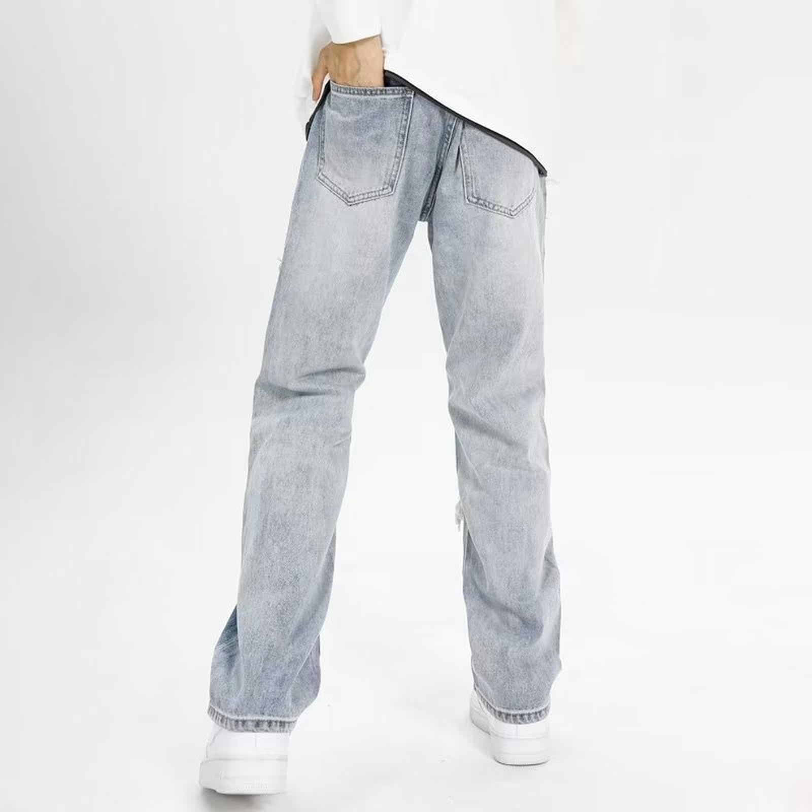 Jeans Strappati da Uomo Estivi Larghi lavati Pantaloni Dritti rovinati - Blu - 3XL