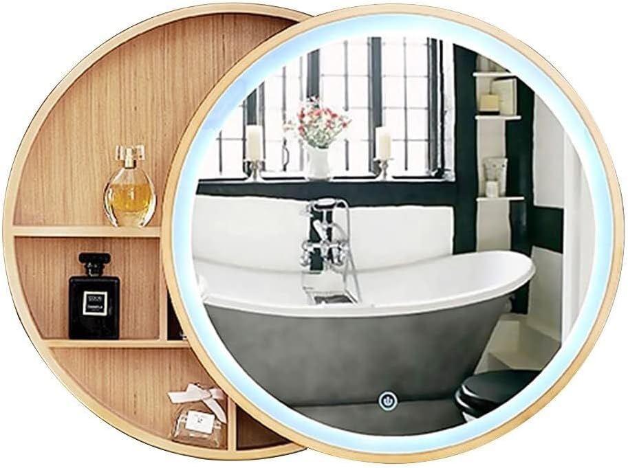 Round Wall-Mounted Bathroom Mirror Cabinet with LED Light, Wooden Storage Cabinet with Sliding Door, 50-70cm(23.6" L x 23.6" W)