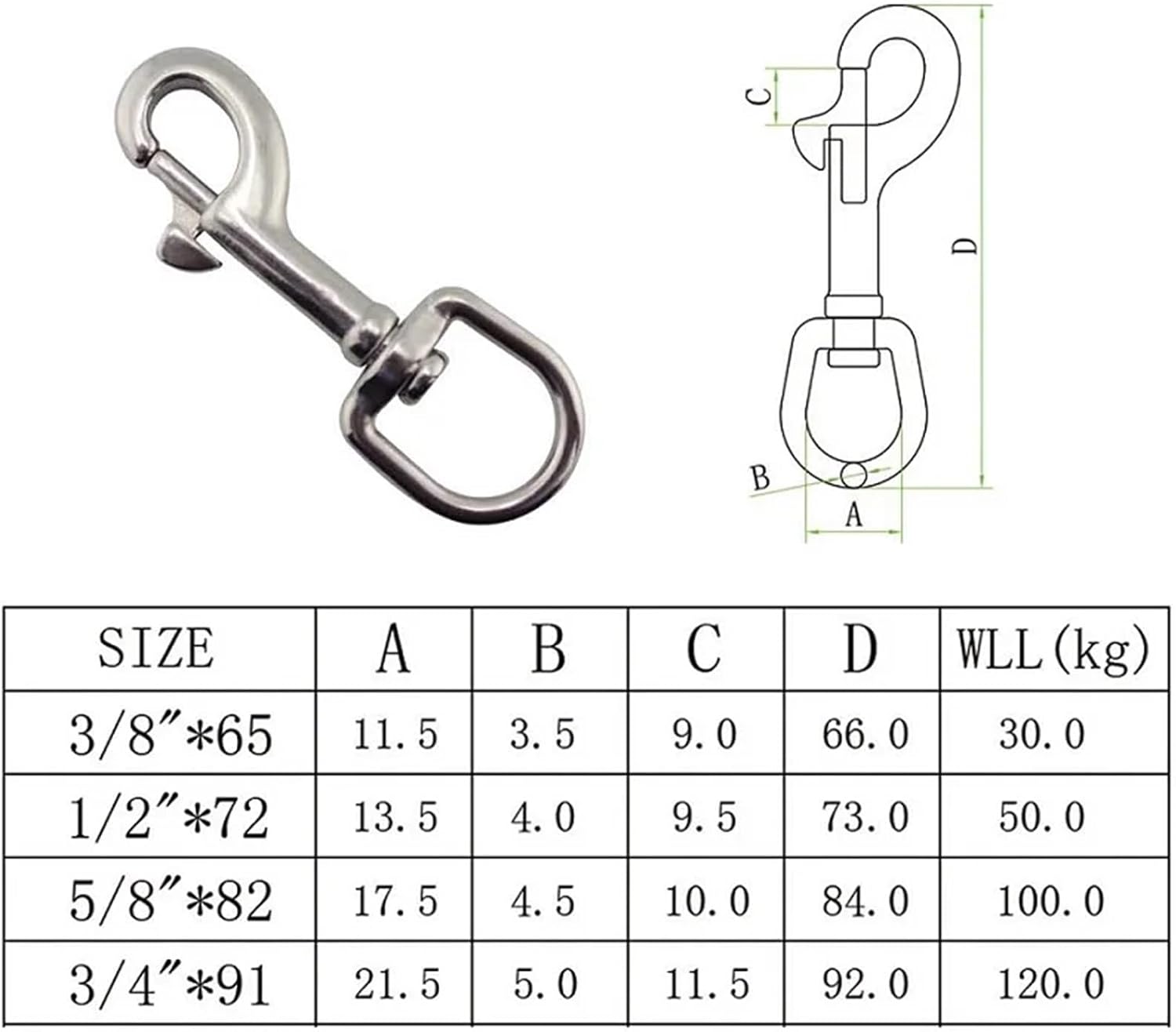 5 PCS 316 Stainless Steel Swivel Eye Bolt Spring Snap Hook 65mm 72mm 82mm 91mm Marine Diving D Ring Hooks with for Swings and Outdoor Travel