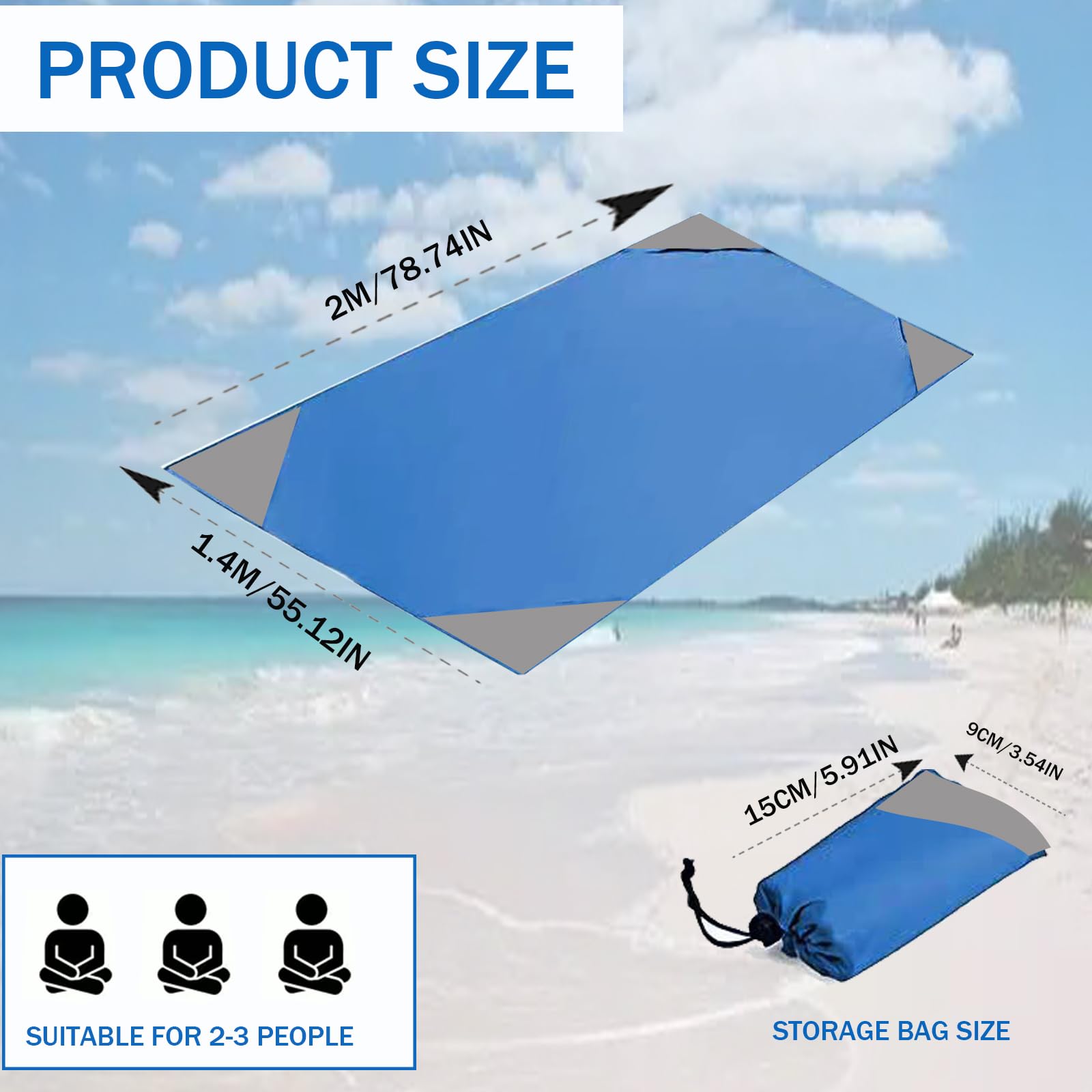 Mini coperta da picnic impermeabile 140 x 200 cm con 4 angoli di fissaggio blu
