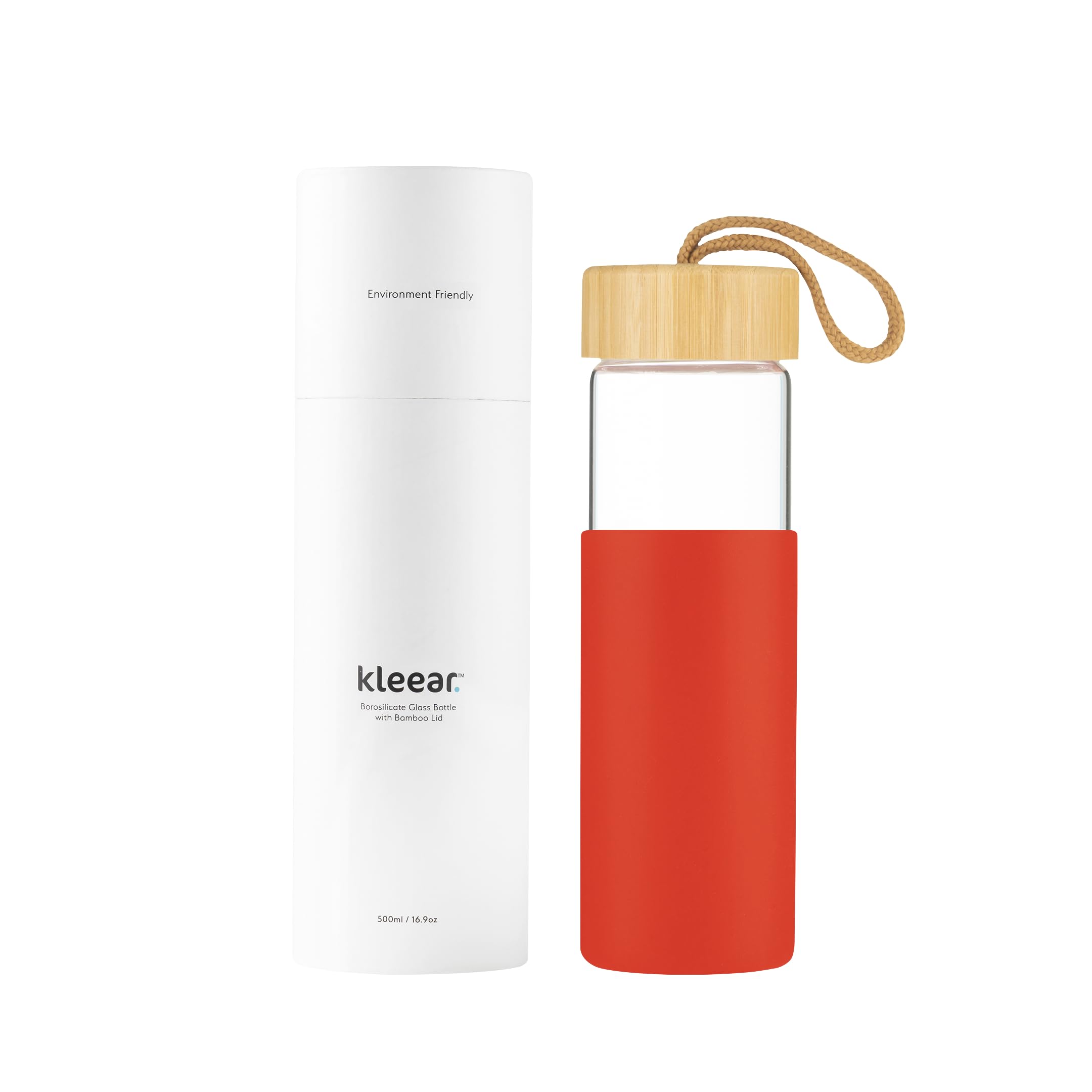 Kleear Borosilicate Glass Water Bottle with protective silicone sleeve, bamboo lid and carrying loop | Office, Yoga, Gym, Exercise, Travel Friendly, 500ml, Leakproof, BPA-Free, Dishwasher Safe. (Red)