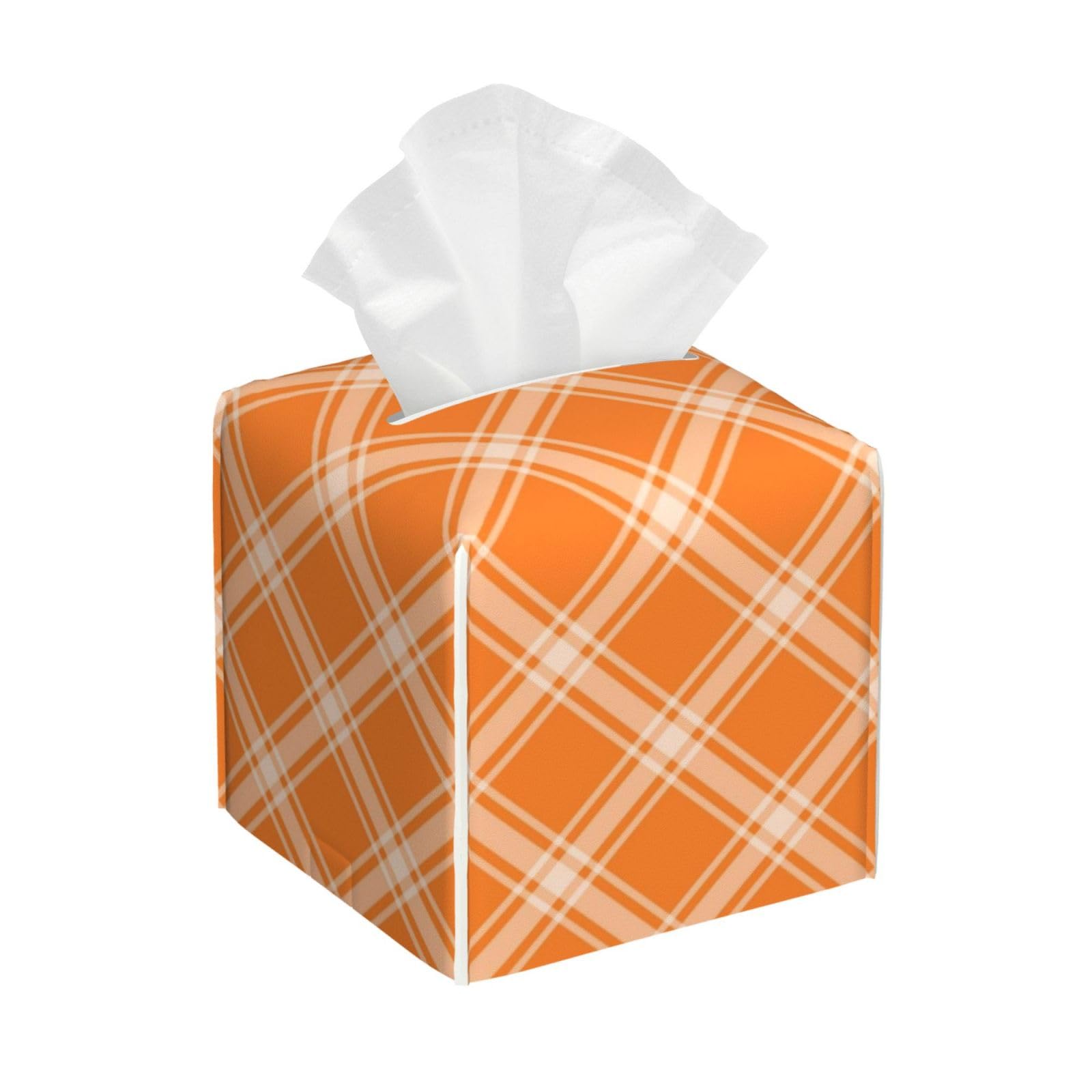 Orange Check Print Tissue Box Cover Holder Square, Foldable Modern Cube Tissue Box Cover, Leather Decorative Organizer for Tabletop Bathroom Car Office Desk Decor