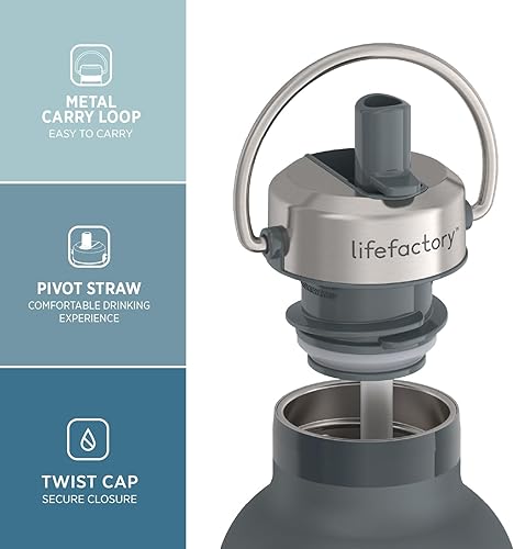 Miniatura 2 de Lifefactory Botella deportiva aislada al vacío de acero inoxidable con tapa de pajita, 24 onzas, carbono