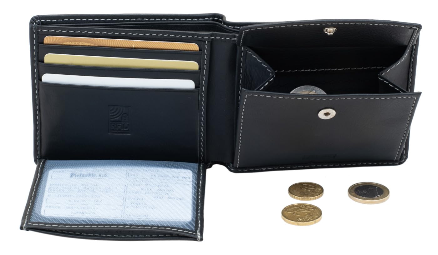 PE323 Cartera Negra de Piel Legitima con Monedero para Hombre | Billetera con Protección RFID, Doble Billetero.