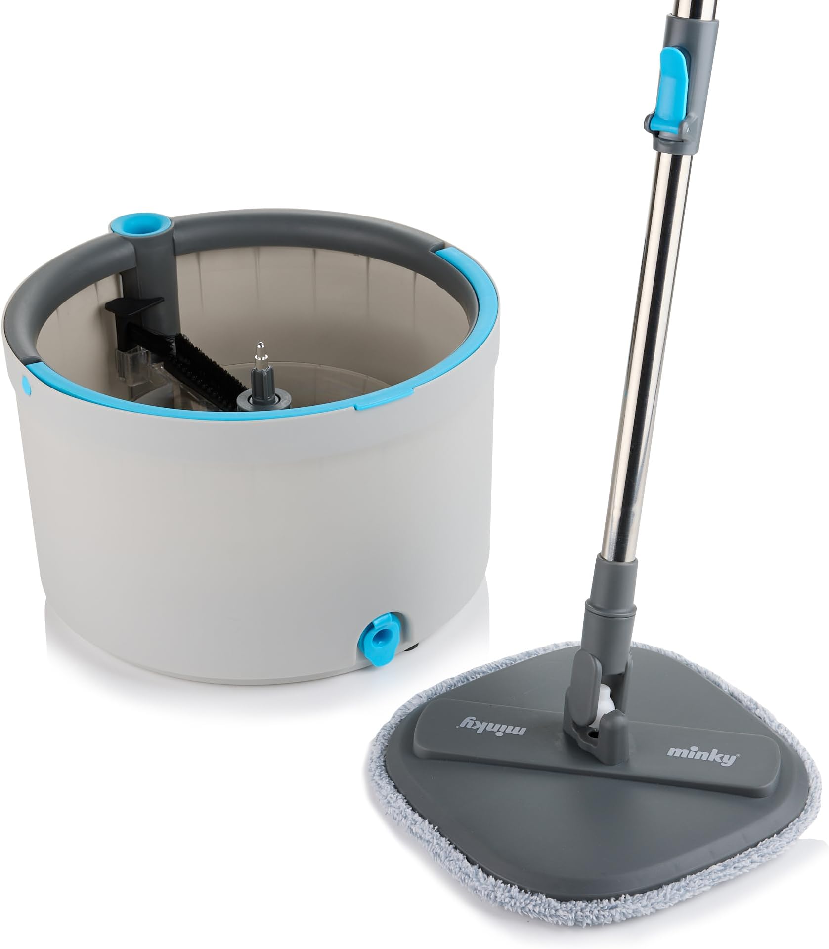 Minky Opti-Clean Spin Mop, 360° Spin & Rinse & Wringing System, Reusable Powerful Microfibre Velcro Pad, Dual Cavity 2L Bucket with Sturdy Handle, Light Grey Bucket with Dark Grey Trim & Blue Accents