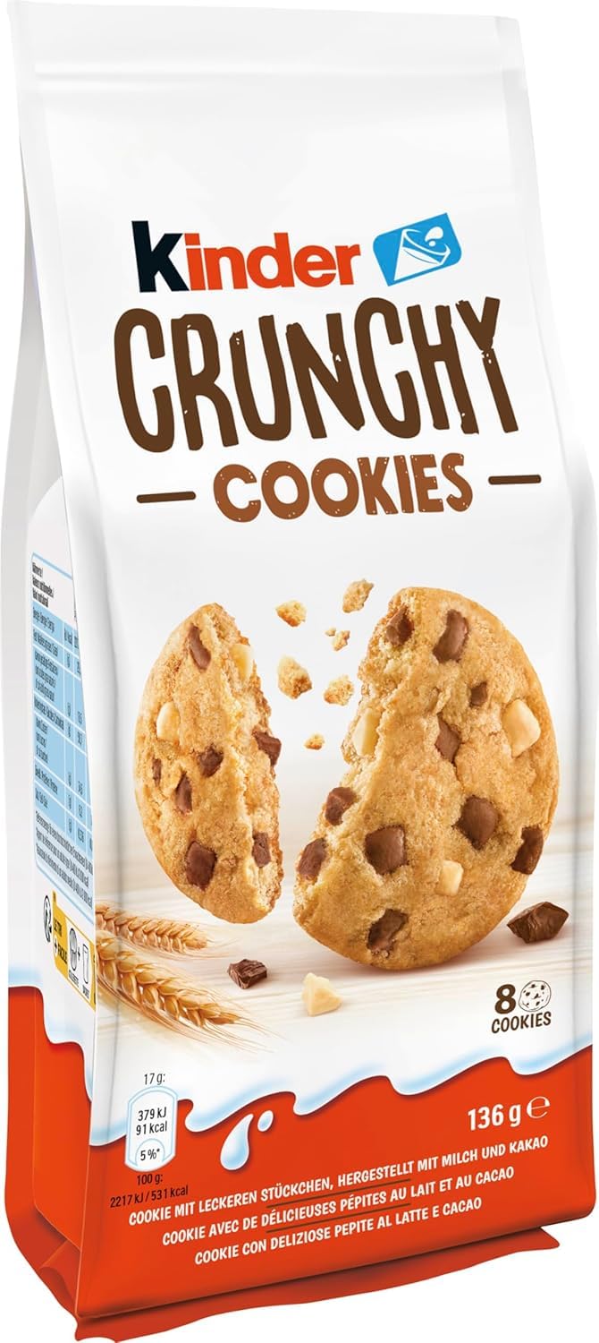 Italian Gourmet Kinder Crunchy Cookies biscotti 15 x 136g Kekse Milch-Snack | Con pezzetti al cacao, knusprig, pratiche porzioni per famiglia, Gesamtnettogewicht 2,04 kg + Kostenlos Polpa 400g