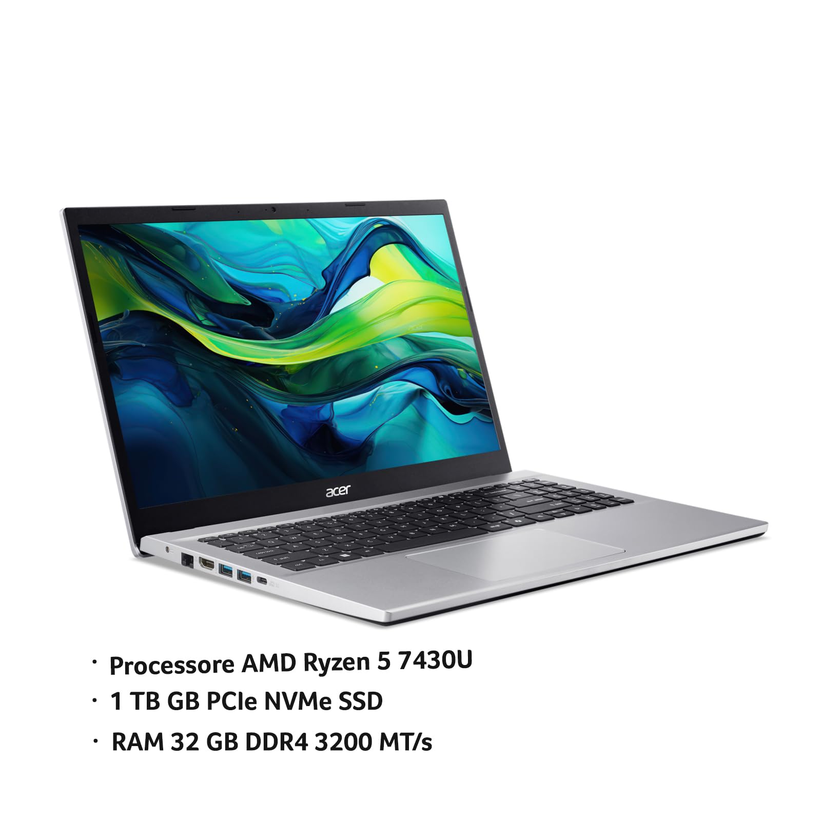 Acer Aspire Go 15 AG15-42P-R732 Notebook PC Portatile, Silver | Processore AMD Ryzen 5 7430U, RAM 32 GB DDR4, 1024 GB PCIe NVMe SSD, Display 15.6" FHD, Scheda Grafica AMD Radeon