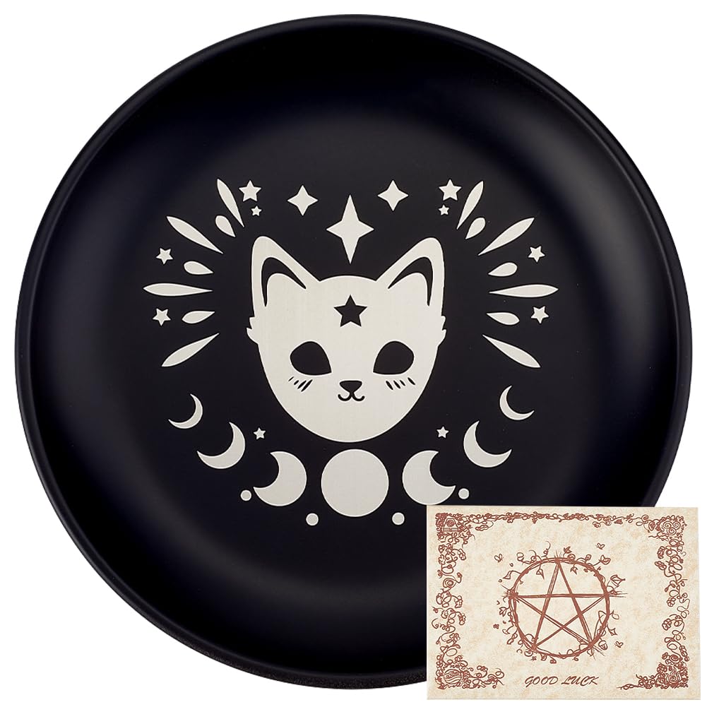 CREATCABIN Cat Prayer Ritual Plate Stainless Steel Offering Bowl Flat Round Tray Prayer Offering Bowl Candle Holder with Divination Card Jewelry Dish for Smudging Incense Burner Meditation 5.55Inch