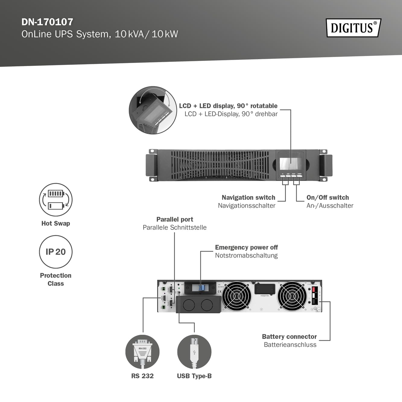 DIGITUS Online USV-System – 10 kVA 10 kW – Ohne Batterie – 19 Zoll 2HE | Unterbrechungsfreie Stromversorgung – Externe Batterie DN-170108 – UPS-Software – USB, RS232, RJ45 Anschlüsse