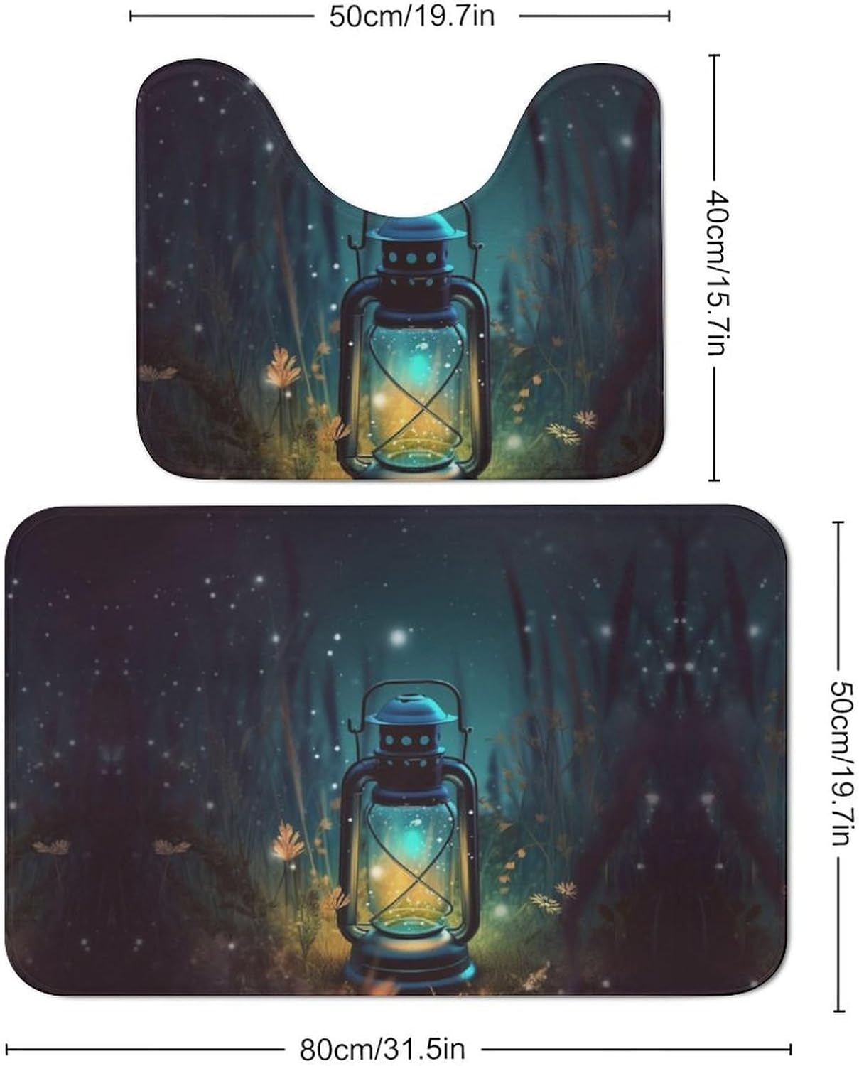 Coral Fleece Rug Set of 2, Fireflies and Lantern Printed Bathroom Rug U-Shaped Toilet Mat Soft Non-Slip Absorbent Mat for Bathroom Floor, Tub and Shower