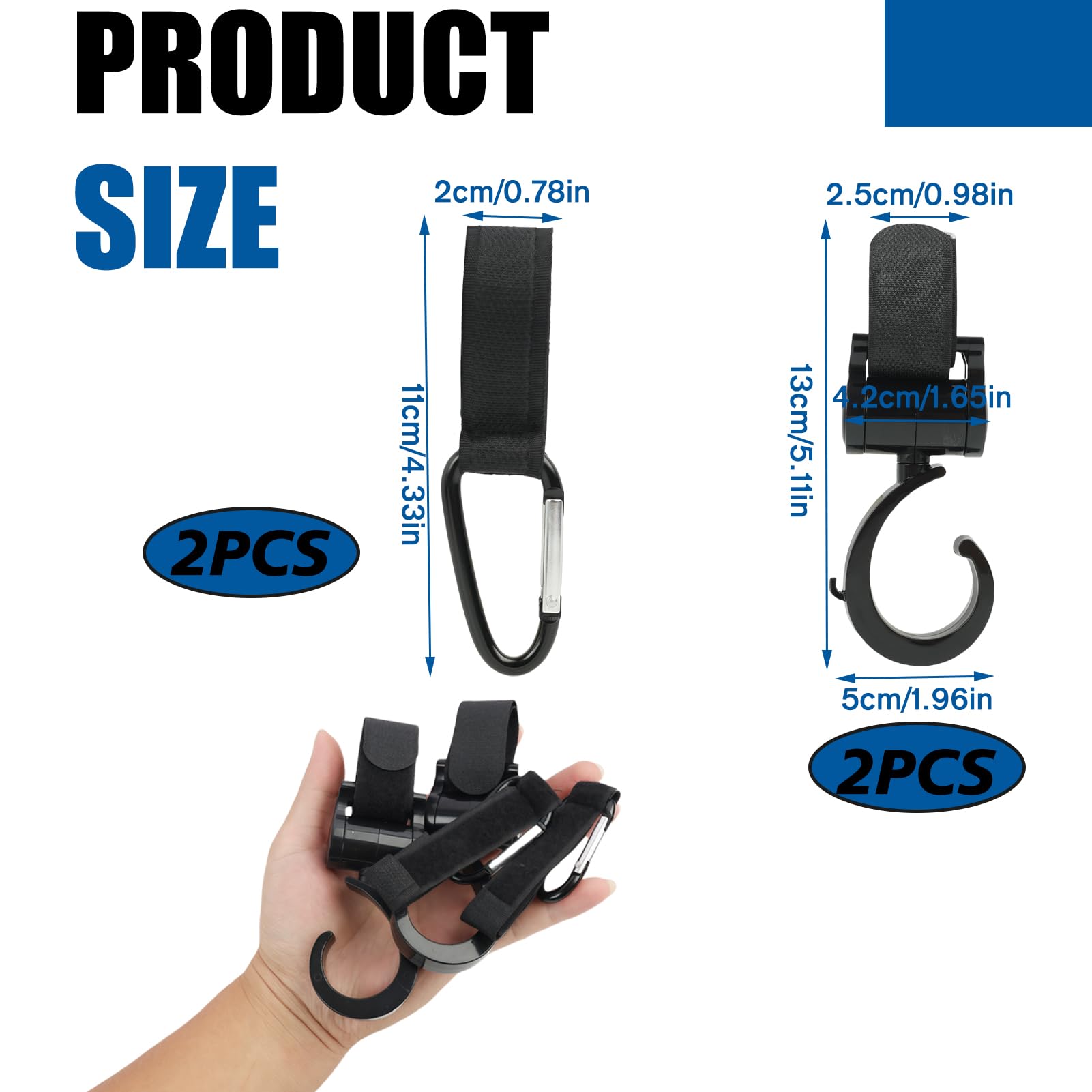 Set di 4 Pezzi, Ganci Passeggino, Universali Rotanti, Ganci Multifunzionali per Passeggini, Carrelli e Trolley, Nero, Facili da Installare, Resistenti e Adattabili