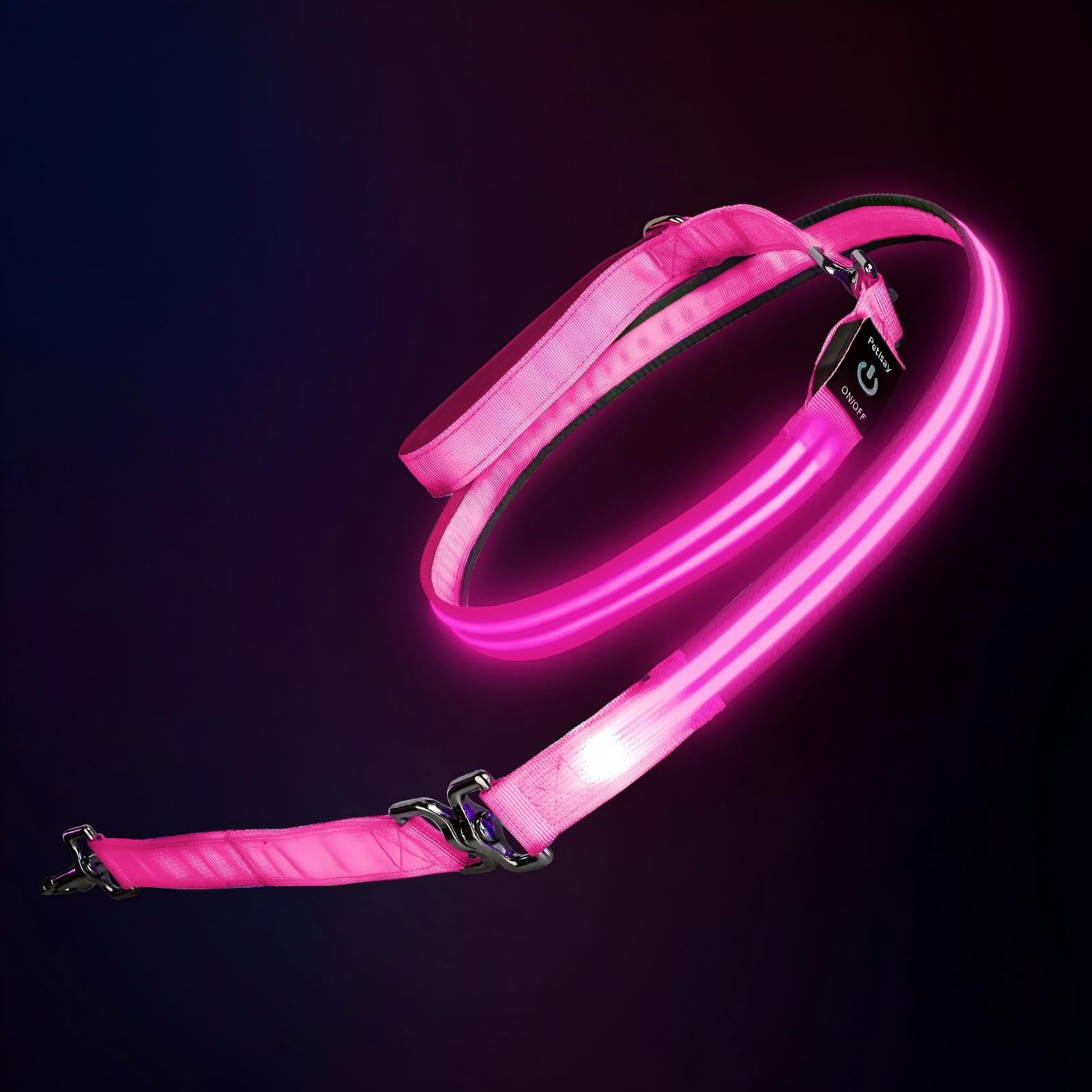 Laisse pour chien lumineuse rechargeable USB PetIsay étanche 1,8 m rose à bandes réfléchissantes