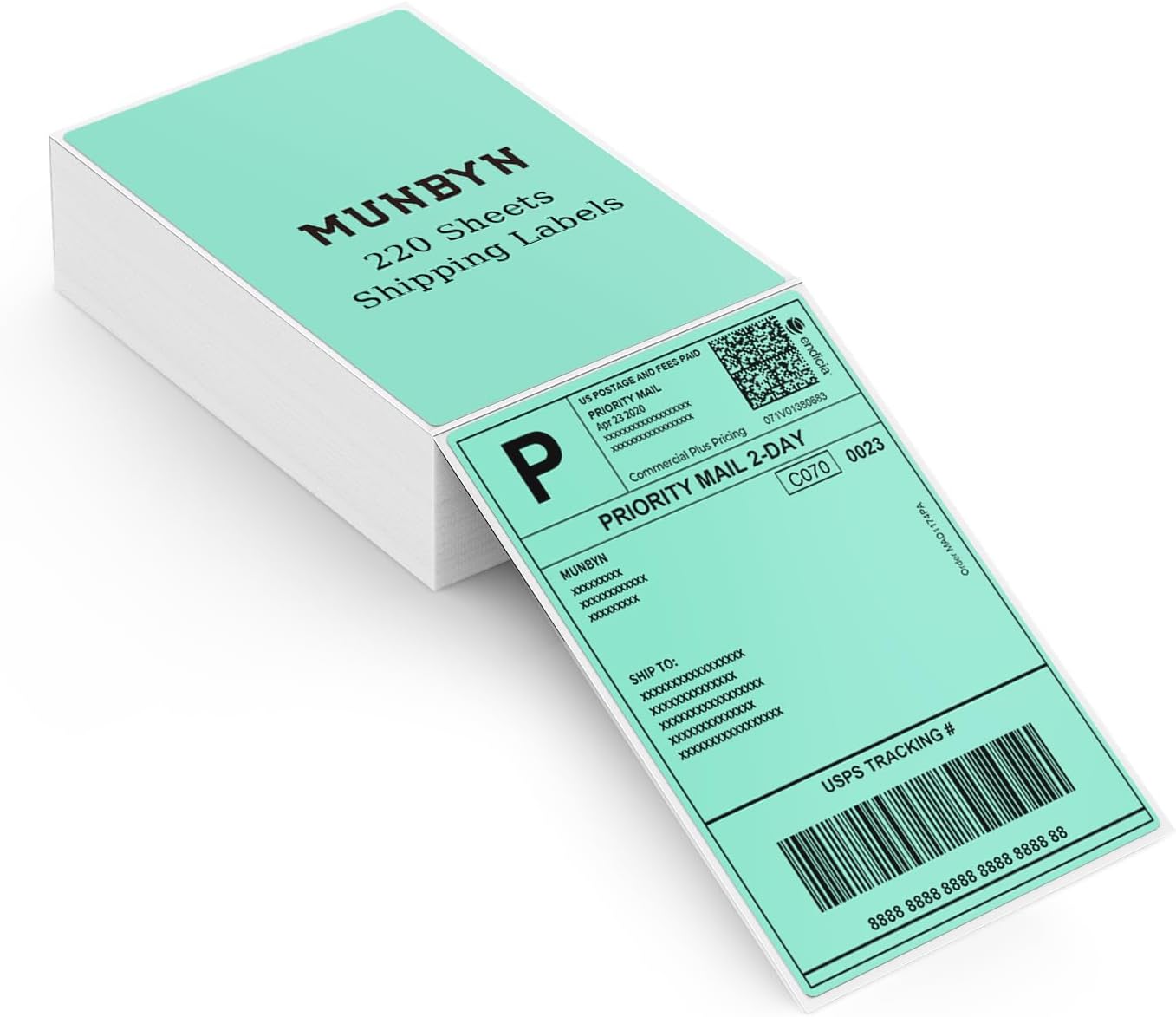 MUNBYN Green 4"x6" Direct Thermal Shipping Labels, Commercial Grade Permanent Adhesive Fanfold Mailing Postage Label Paper for Thermal Printers and Packages, 220 Sheets per Stack