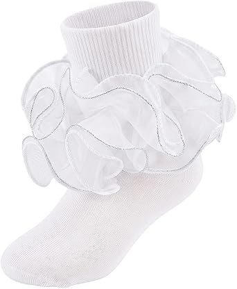 Girls Ruffle Socks Toddler 4-Layer Big Lace Frilly Dress Socks Turn Cuff Fancy Pageant Sock for Baby Girl Little Kids