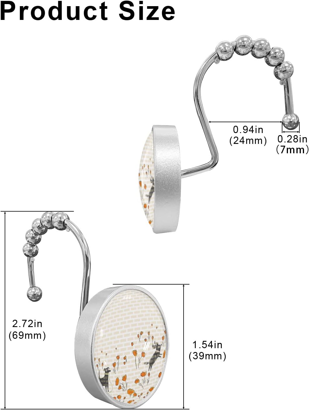 Shower Curtain Hooks 12 Pcs, Flower Cute Black Dog Brick Wall Stainless Steel Rust Proof Rolling Shower Curtain Rings, Decorative Shower Curtain Hooks Hangers for Bathroom