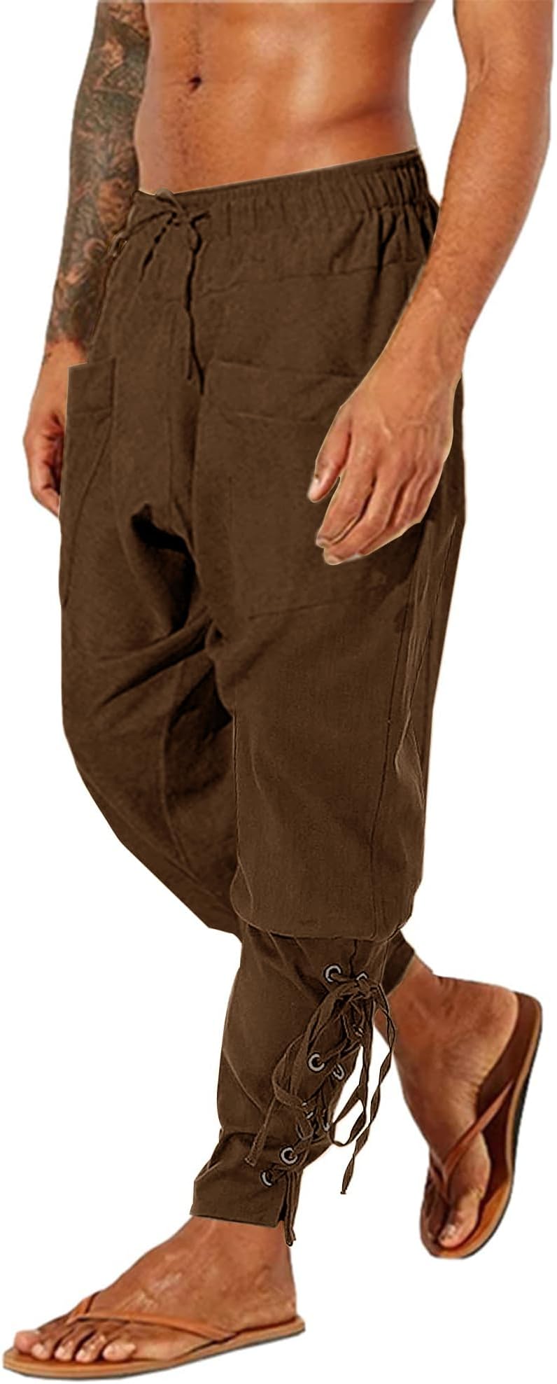 Mens Medieval Trousers Linen Viking Pirate Costume Pants Slim Fit M-3XL