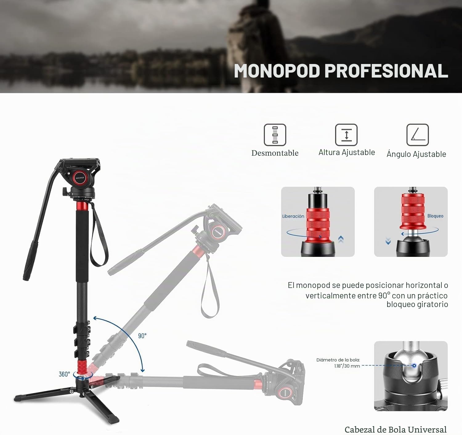 NEEWER Monopod para cámara de 71,6 pulgadas, monopié telescópico de fibra de carbono con placa de liberación rápida, para DJI RS Gimbals, base extraíble para cámara de vídeo, carga máxima de