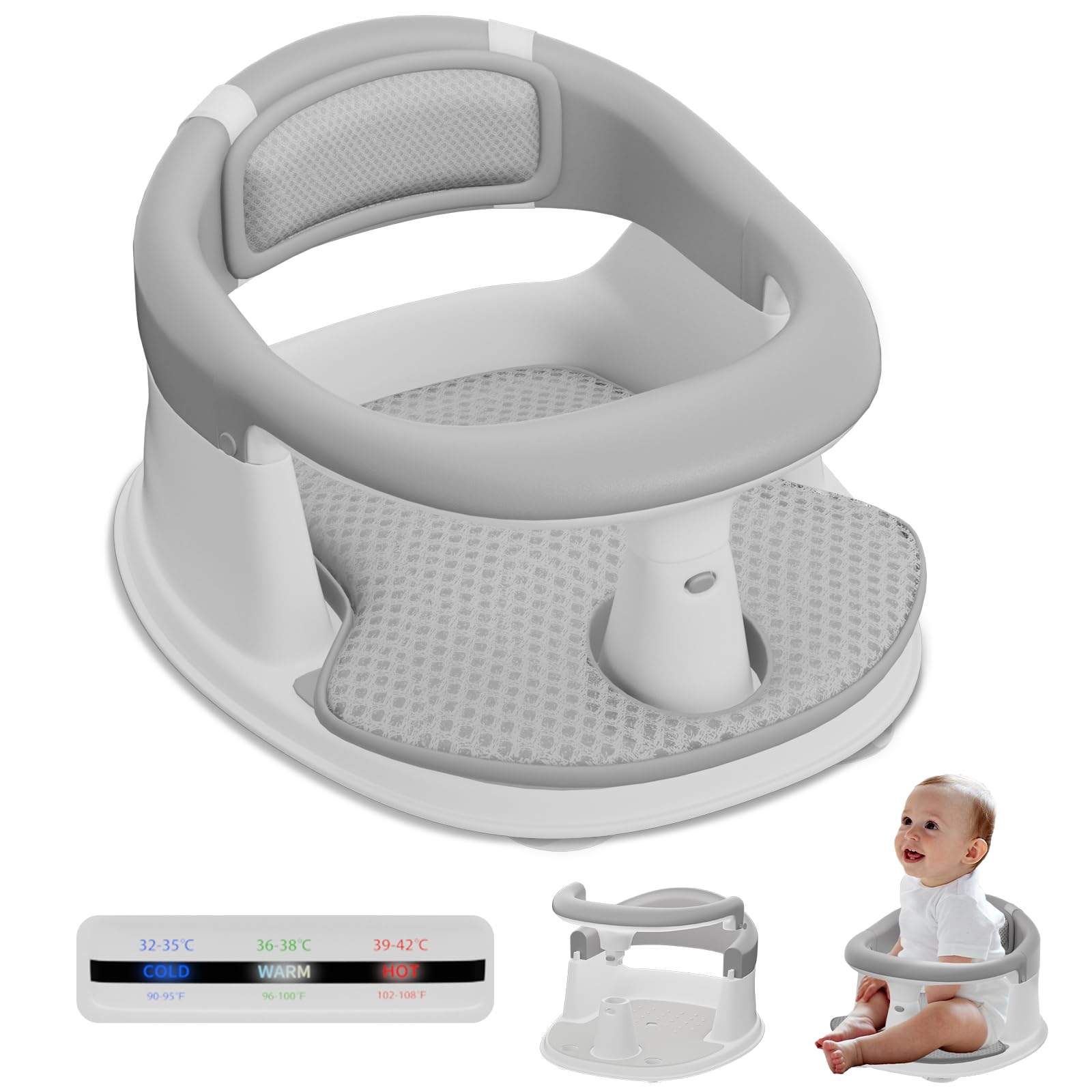 Photo 1 of Baby Bath Seat-for Babies 6 Months & up with Temperature Alert+Soft Cushion+Suction, Toddler Bath Seat for Baby, Sitting Up with Baby Bathtub Seat, Grey