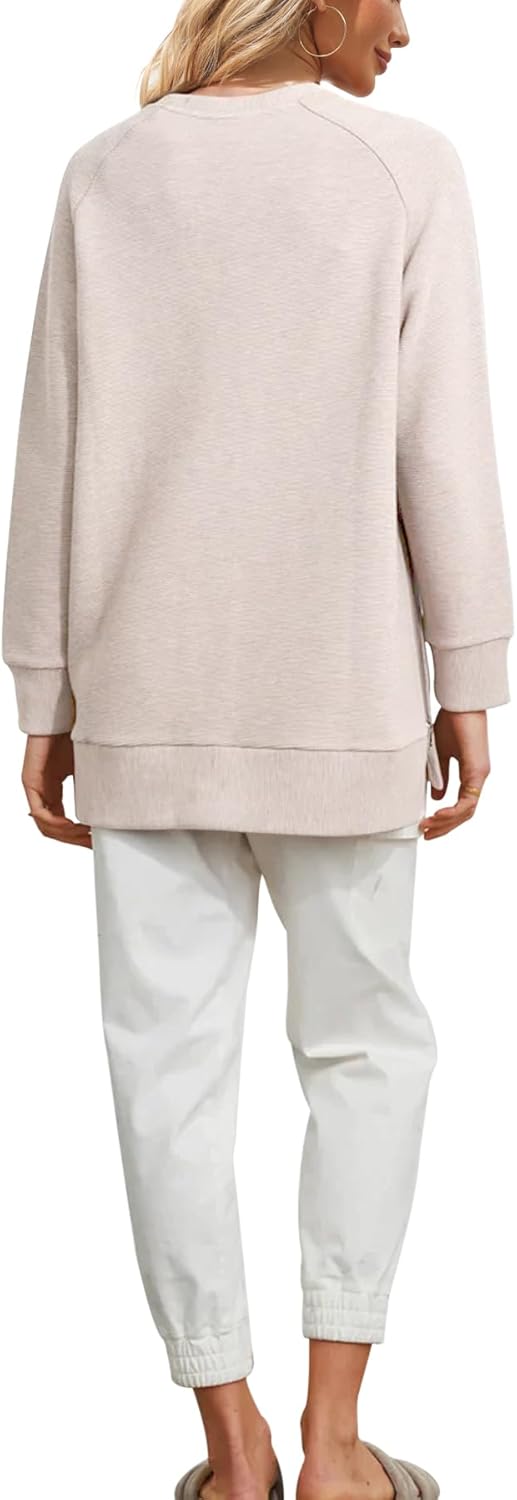 Fazortev Women's Oversized Sweatshirts Long Sleeve Crew Neck Ribbed Pullover Loose Side Zipper Tunic Tops - Image 4