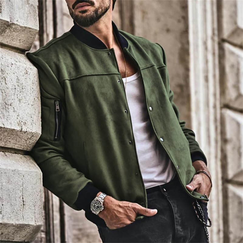 Image of Mens Faux Suede Bomber Jacket Varsity Jacket Windbreaker Vintage Casual Lightweight Leather Coats Jackets