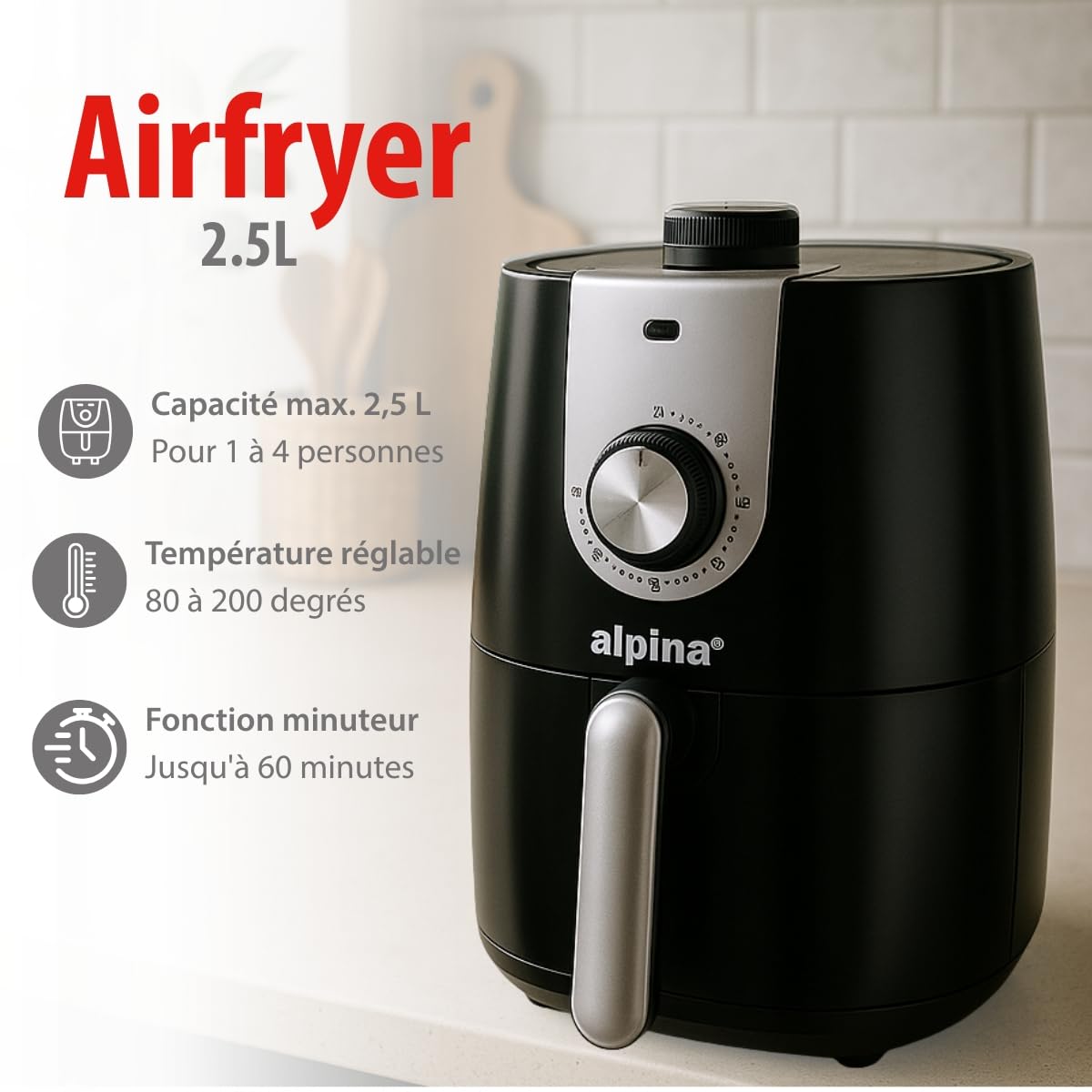 alpina Air fryer 2L - Airfryer Adaptée pour 2 à 3 Personnes - Friteuse sans Huile Electrique avec Minuterie et Température Réglable - Plastique - Noir