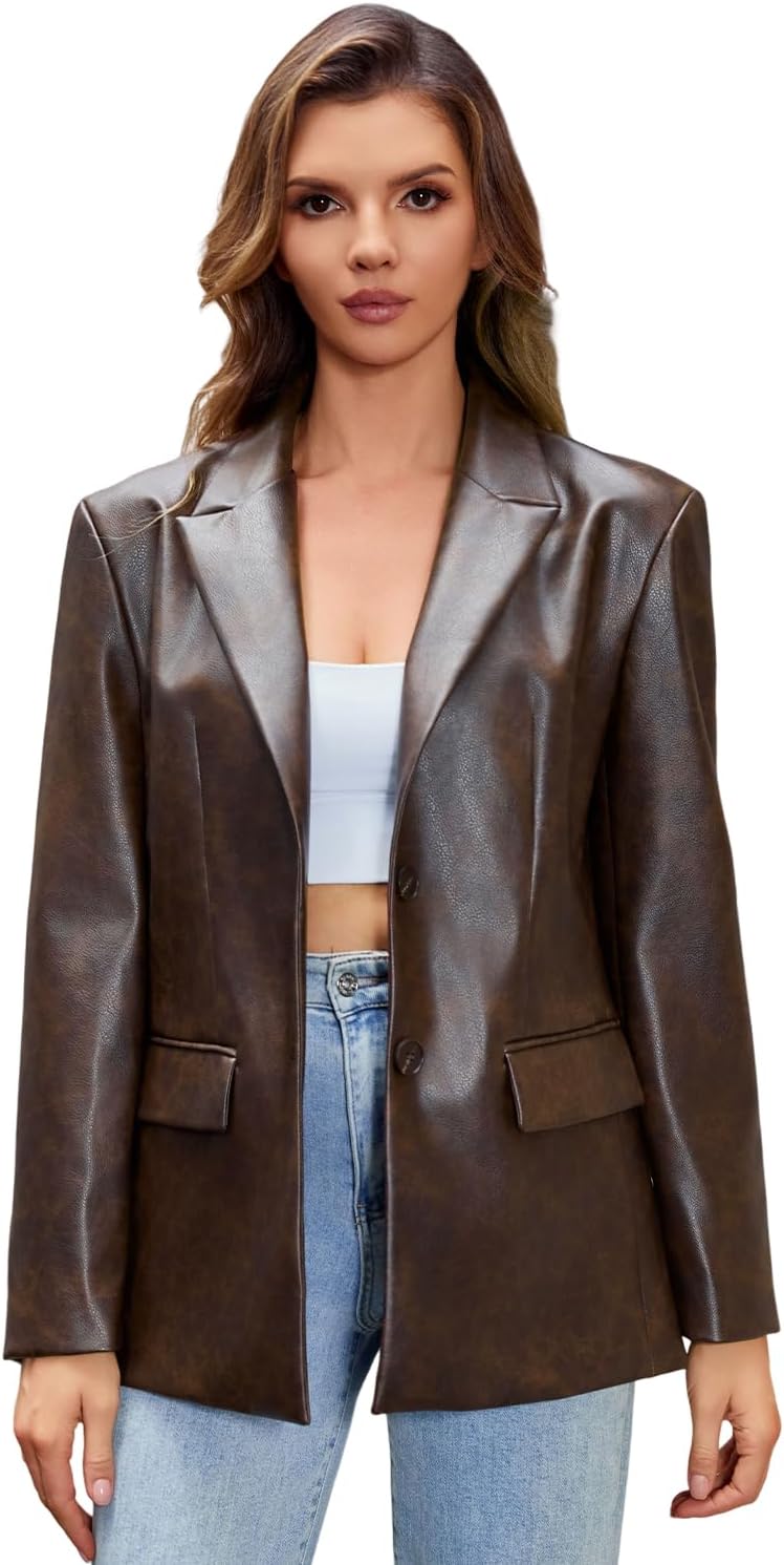DIASHINY Women's Faux Leather Blazer Oversized Vintage Lapel Button Down Fashion Leather Jacket