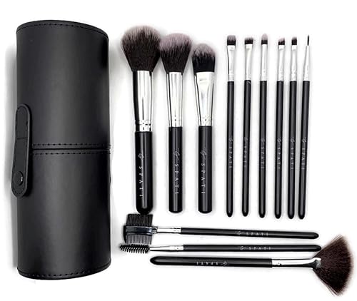 SPATI Juego de 12 brochas de maquillaje, pinceles profesionales, cepillo cosmético facial para base, sombra de ojos, corrector de rubor con soporte