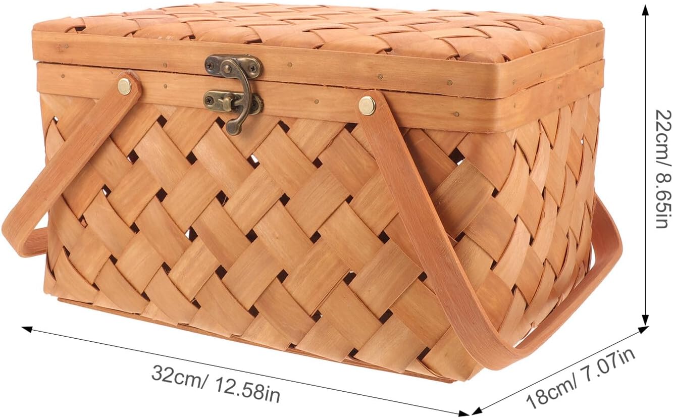 Balacoo Woven Wooden Picnic Basket with Lid 32x22x18cm, Portable Handcrafted Storage Basket for Outdoor Fruit, Bread, and Snack Organization, Decorative Rustic Brown Hamper for Travel