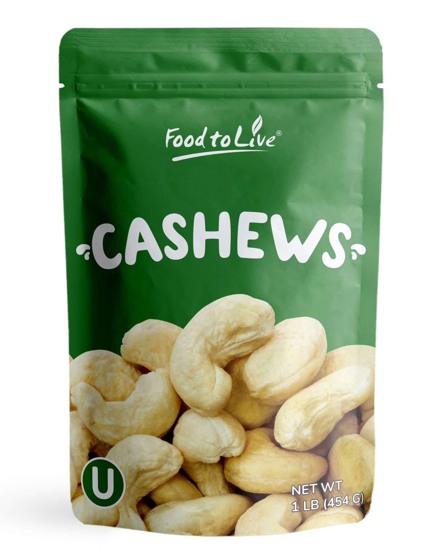 Food to Live Raw Cashews, 1 Pound — Non-GMO Verified, Deluxe Whole Nuts, Unsalted, Unroasted, Size W-320, Vegan, Kosher, Bulk