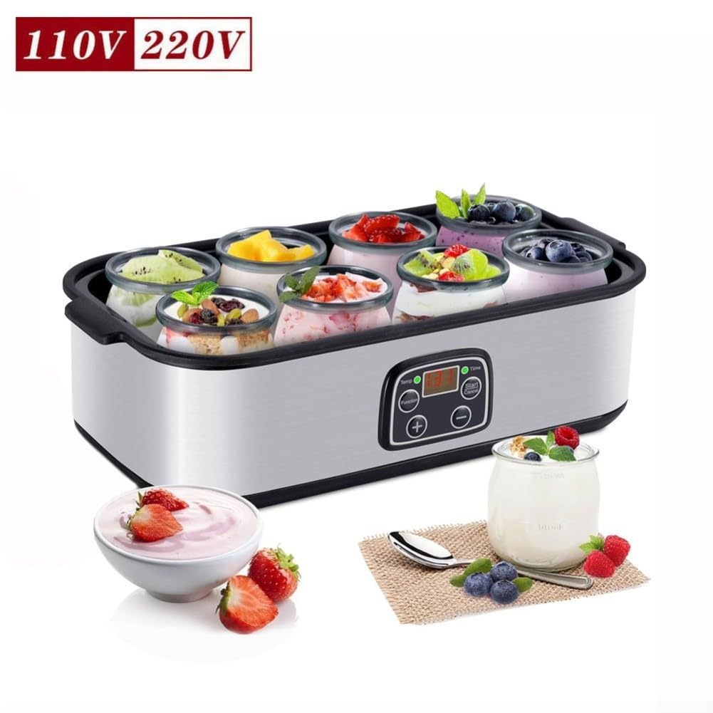 Urządzenie do wyrobu jogurtu ze stali nierdzewnej, 1600 ml, automatyczna maszynka do jogurtu z regulacją temperatury, do jogurtu greckiego, jogurt naturalny, czarny, 36,8 x 19 x 14,5 cm (reguła 110 V)