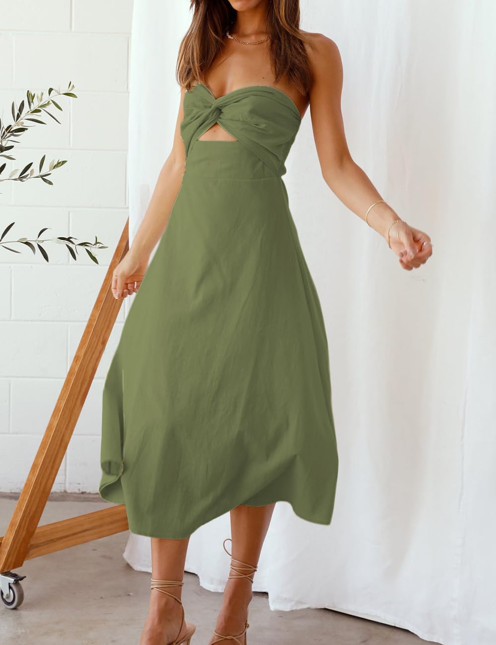 Fiemaoves Sexy Twist Front Strapless Sweetheart Neckline Midi Dresses for Women Smocked Cutout Tube Linen Dress Wedding Guest - Image 4