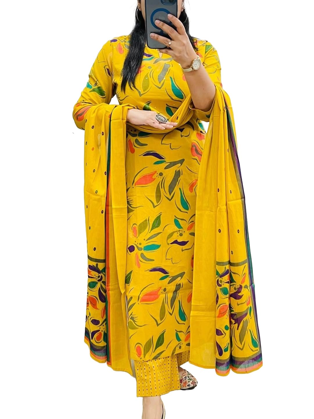 veqreqmeq Women's Cotton Printed Yellow Salwar Suit Set with Dupatta – Elegant Ethnic Kurta Pant Set for Festive & Casual Wear-picture-45