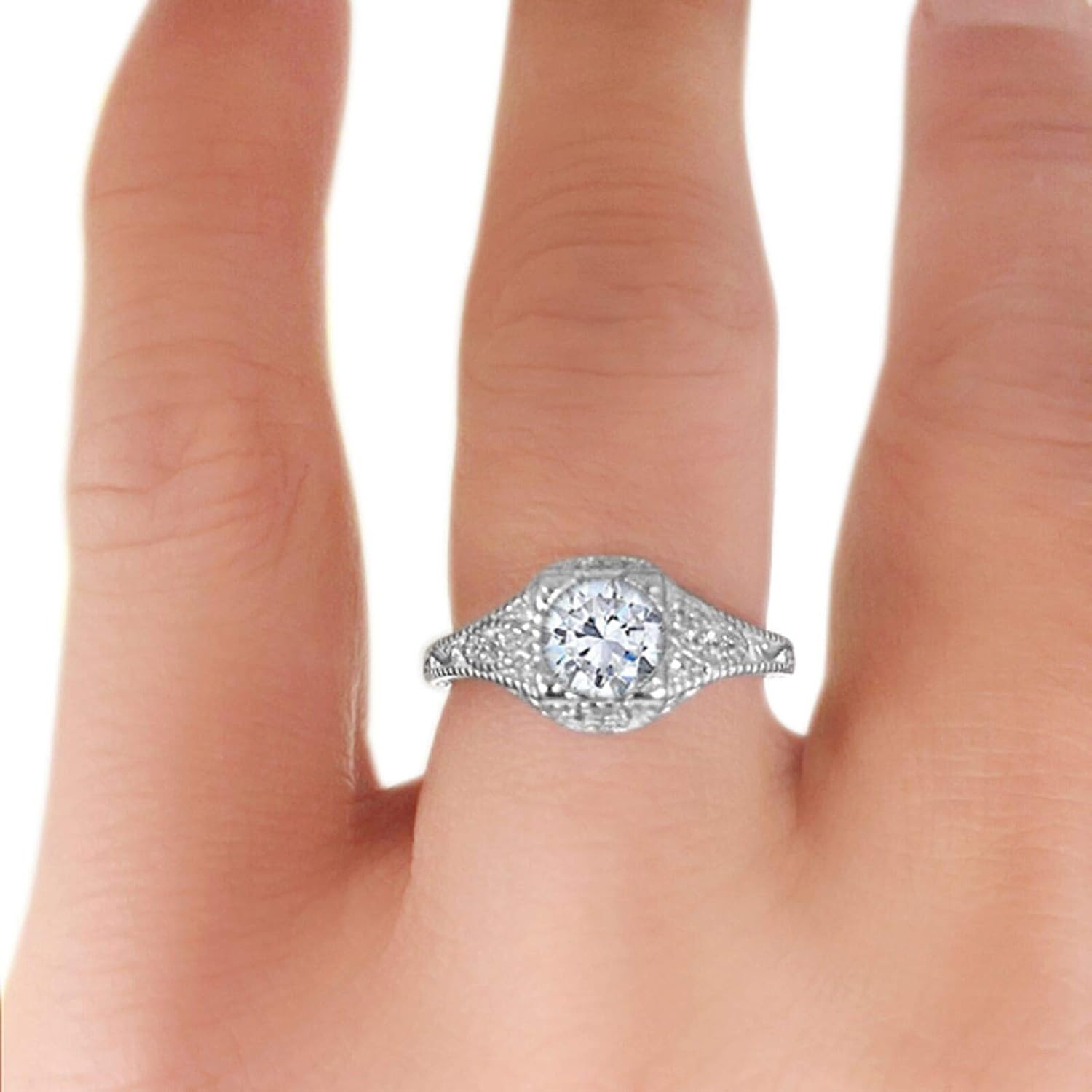 Blue Apple Co. Vintage Art Deco Design Solitaire Wedding Engagement Ring Round CZ 925 Sterling Silver