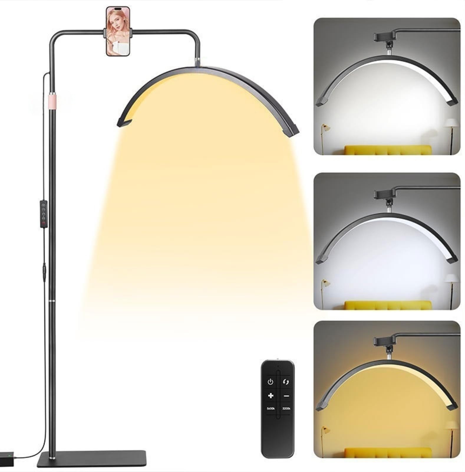 Half Moon Lamp, Arch Floor Lamp with Button/Remote Control, Dimmable LED Standing Lamp, Adjustable Height, Rotatable Head & Phone Holder, for Nail Tech, Lash, Tattoo Beauty Light (Black)