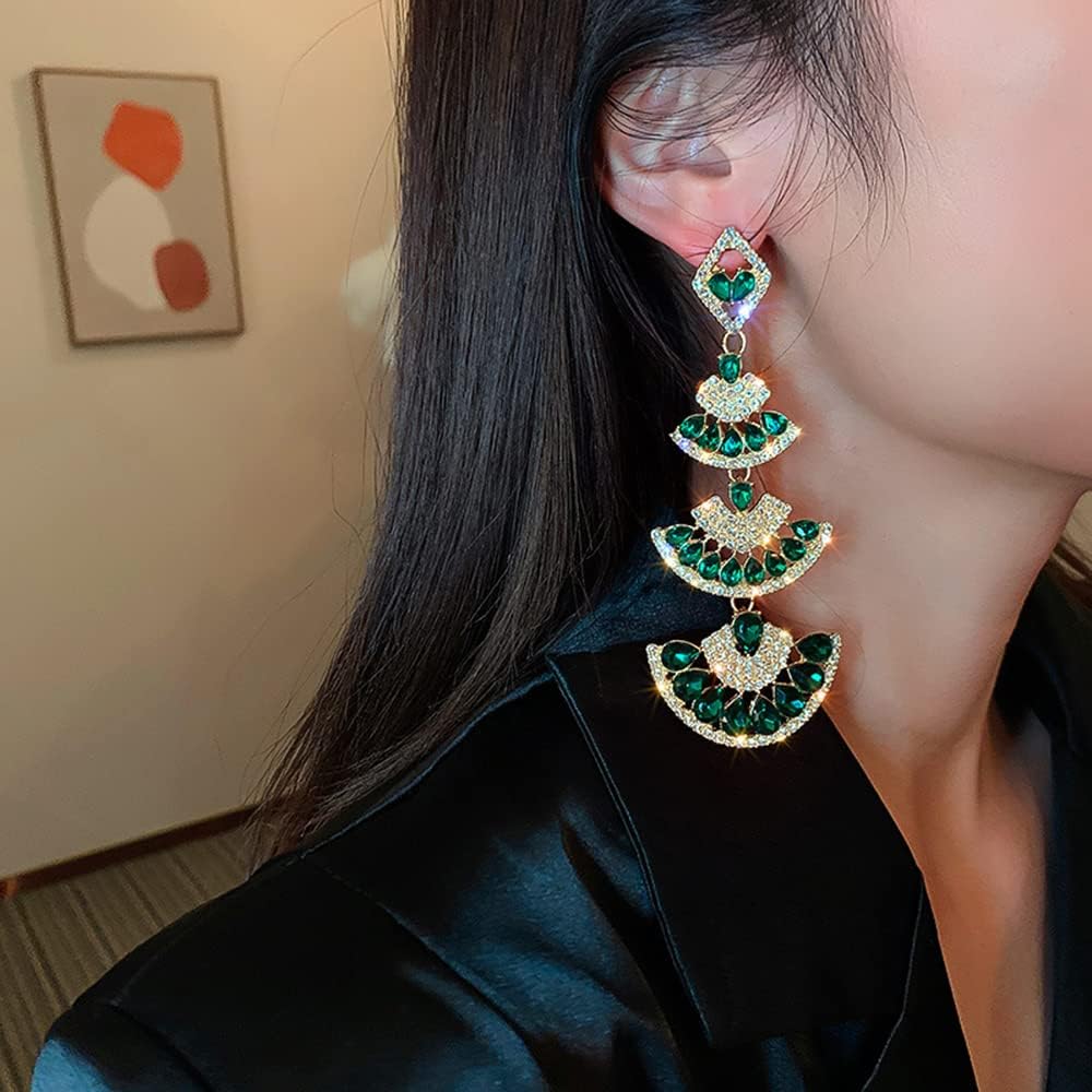 Wekicici Long Crystal Dangle Earrings Fan-shaped Rhinestone Earrings Green Shiny Teardrop Drop Earrings Sparkly Statement Earrings for Women - Image 2
