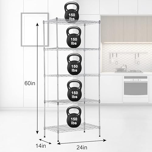 Miniatura 3 de Estantería de alambre, estante de metal de 5 niveles con patas niveladoras, estantes de almacenamiento de 24 pulgadas de largo x 14 pulgadas de
