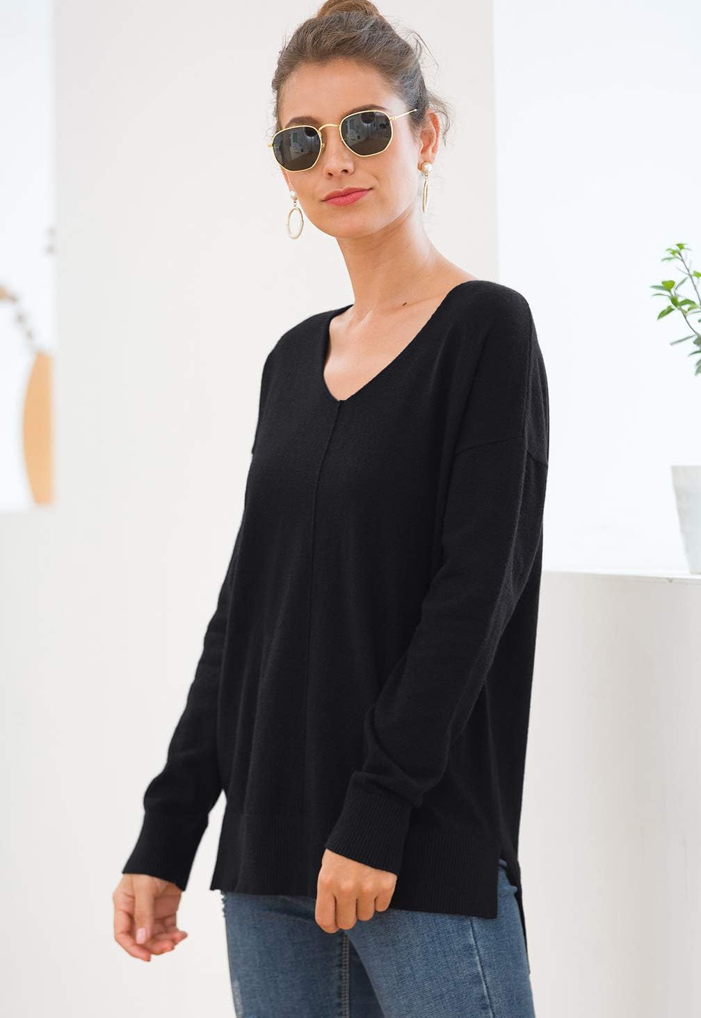 Jouica Womens Summer Short Sleeve Tops Casual V Neck Loose Fit Knit Lightweight Sweater Pullover Top