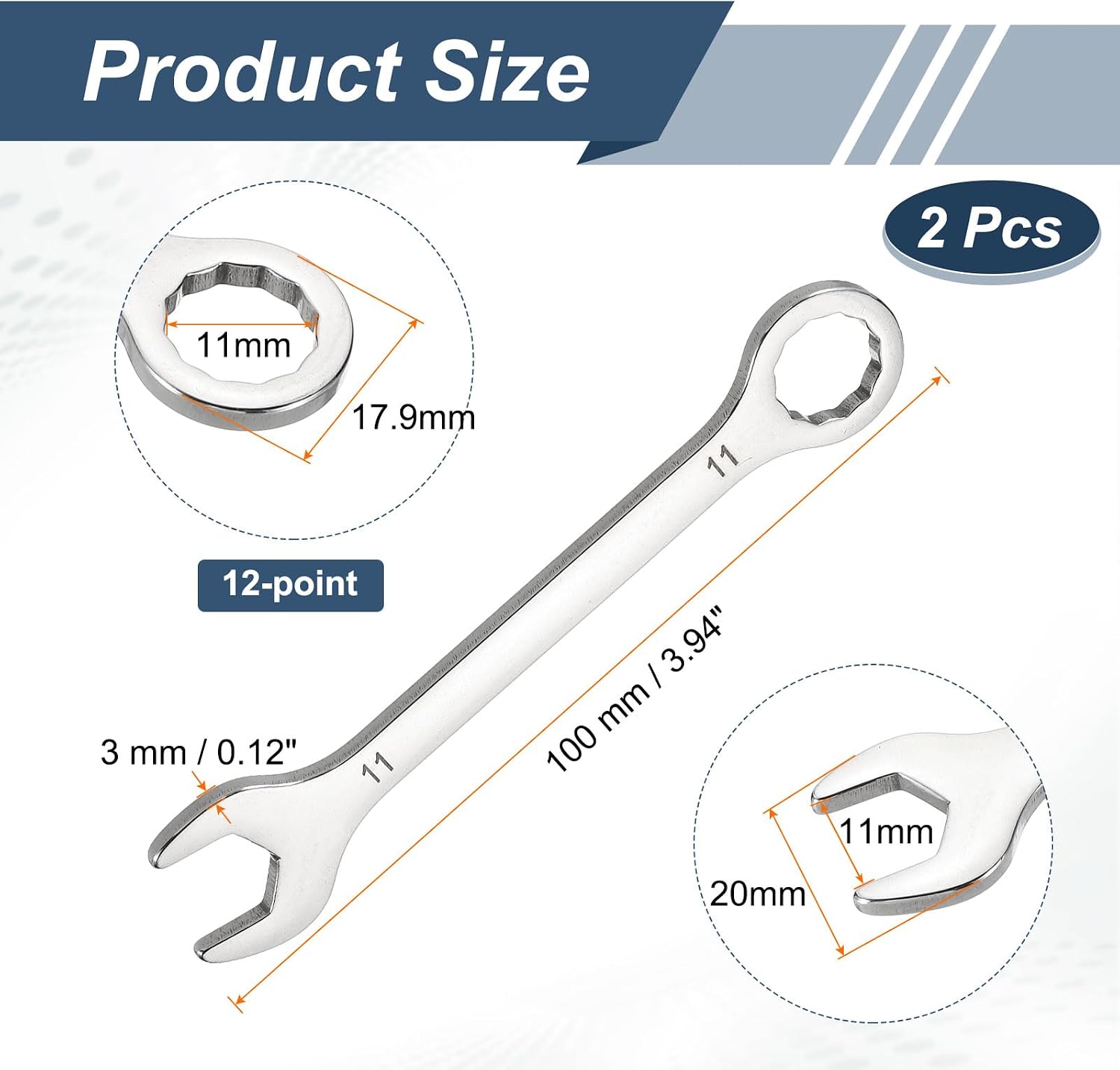 HARFINGTON 2Pcs Mini Super Thin Combination Wrench 11mm Metric 12-Point Box and Open End Stainless Steel Double Ended Spanner Tool for Automotive Pipe Furniture Machinery DIY Repair, Silver image 2