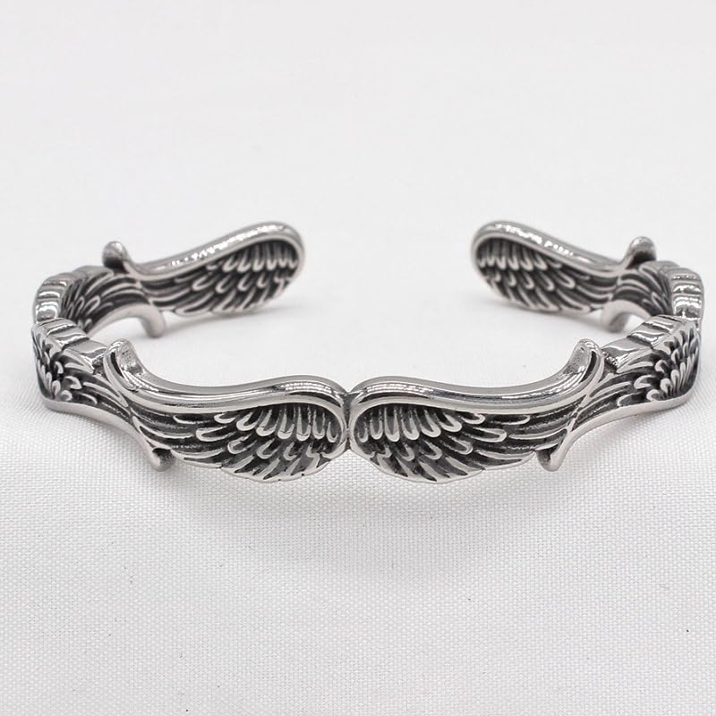 YWMAN Stainless Steel Angel Wing Bracelet, Wing Feather Cuff Bracelet, Vintage Angel Wing Bracelet Jewelry Gift for Men Women4