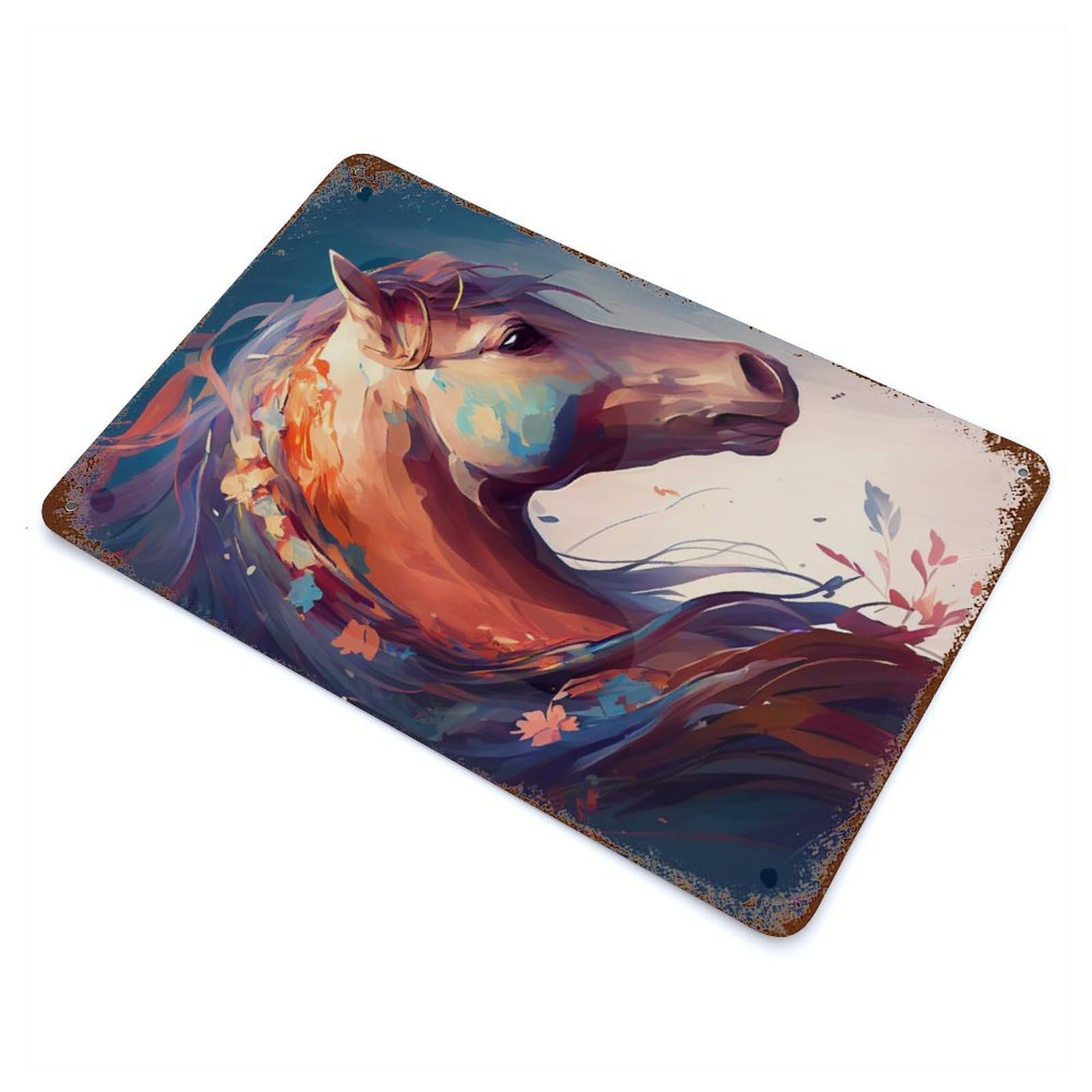 Rustic Tin Plaque Horse Painting 11.8"x7.9", Rustic Home Decor for Office, Studio And Wall Decor